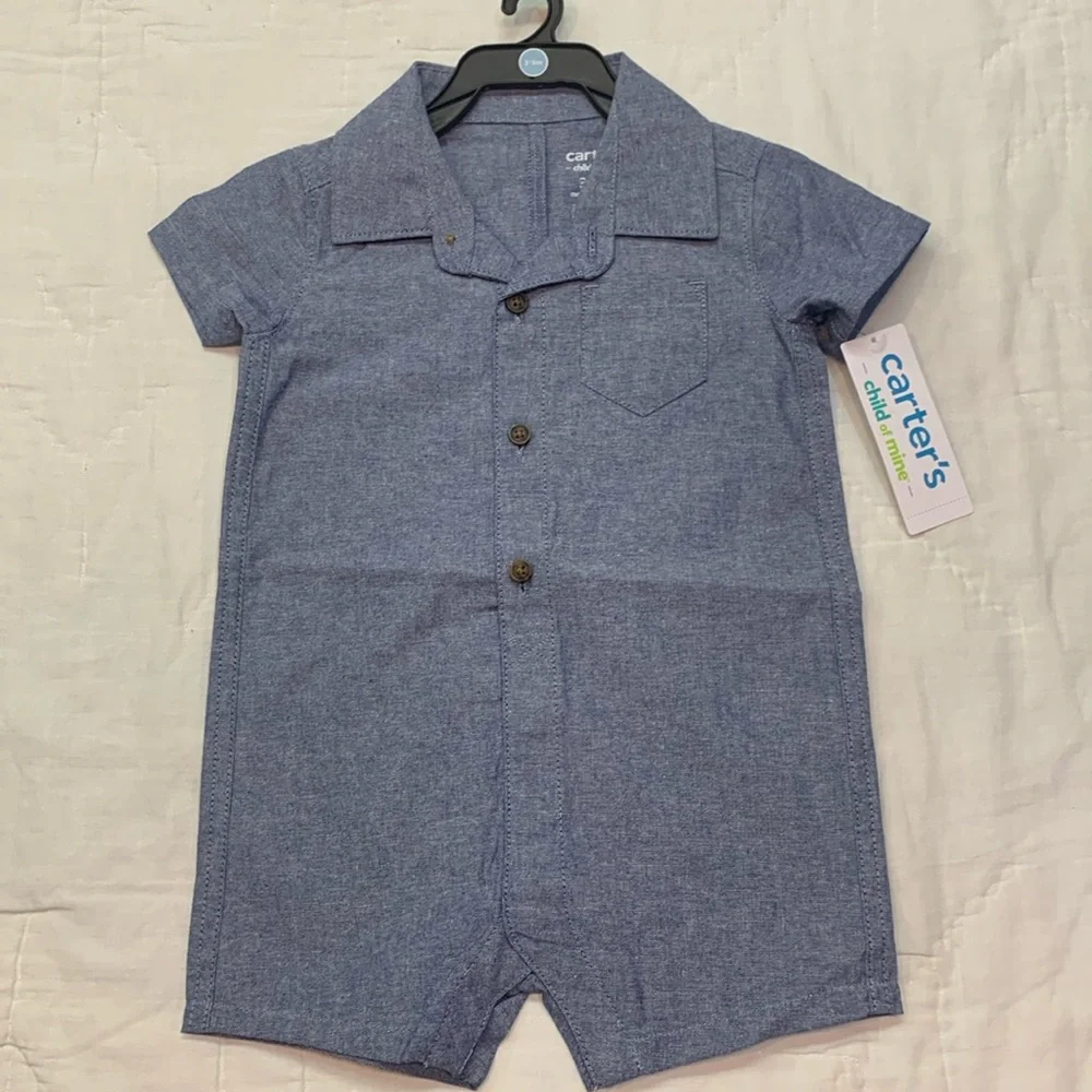 NWT Carter's Child of Mine Baby Boy Blue Chambray Collared Romper‎ One Piece